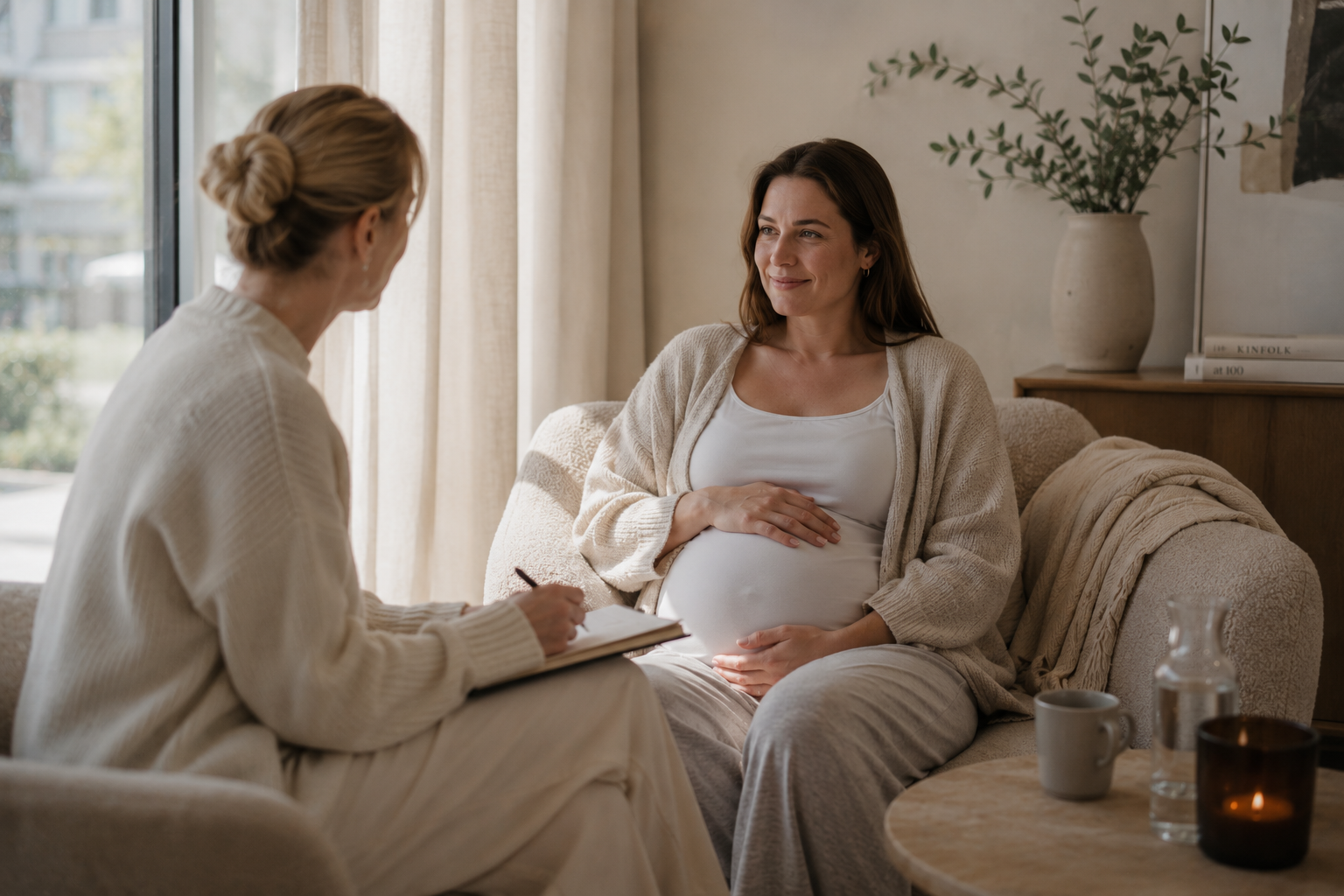 Jordmor hos AVA i rolig samtale med en gravid kvinne i varme omgivelser